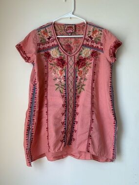 Johnny Was 100% Linen Embroidered Floral V-Neck Orange Red Tunic Blouse Medium